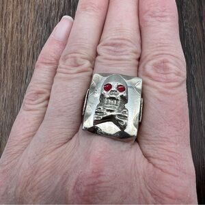 VINTAGE Skull Biker Ring • Red Eyes • Silver Tone • Mexico • Size 10